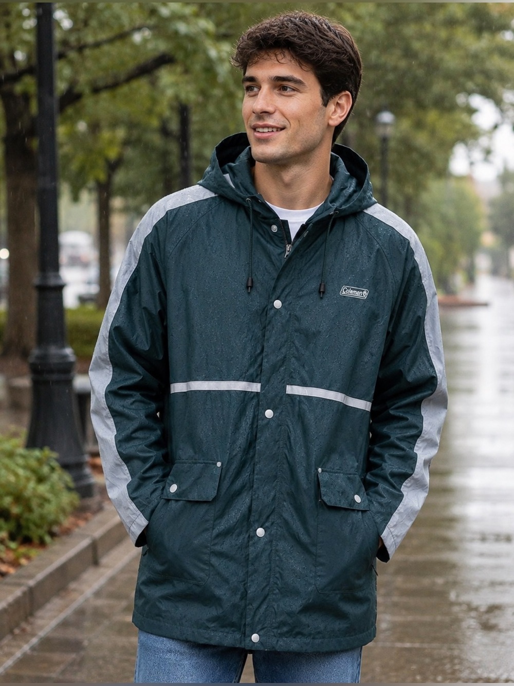 Coleman XL/2XL Green Gray Hooded Waterproof Rain Jacket Reflective camping